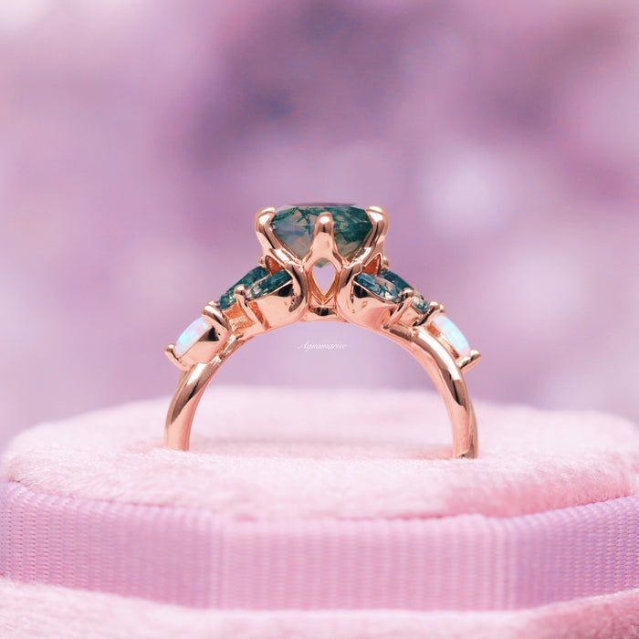 Enchanted Garden Green Moss Agate & Fire Opal Ring- 14K Solid Rose Gold featuring a nature-inspired green moss agate center with adjacent fire opal accents, crafted by Aquamarise Gold from fantasy and nature-inspired collections.
