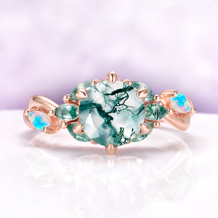 Enchanted Garden Green Moss Agate & Fire Opal Ring in 14K Solid Rose Gold featuring a detailed moss agate center stone with fire opal side accents in an elegant rose gold setting.