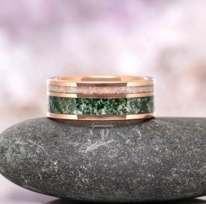 Enchanted Garden Moss Agate & Fire Opal Couples Ring Set featuring a rose gold vermeil band with inlaid green moss agate and iridescent fire opal accents, crafted by Aquamarise from the Matching Couples' Rings and October Birthstone collections.