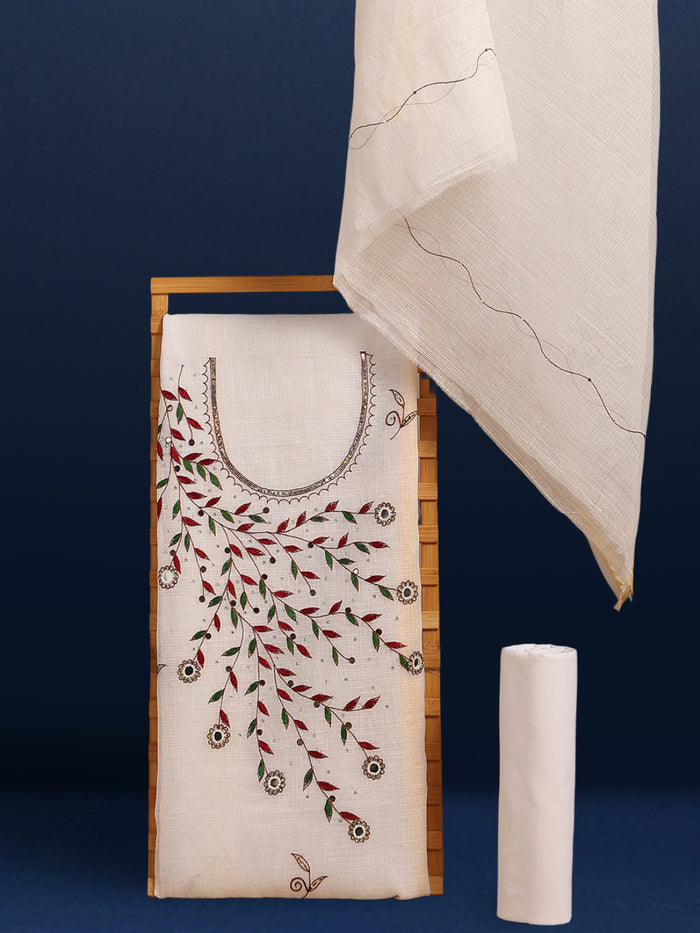 Enchanting Kota Doria Embroidered Suit (T+B+D) Material White