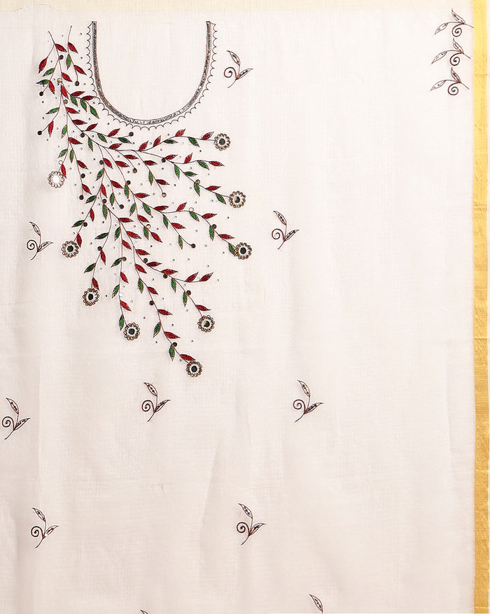 Enchanting Kota Doria Embroidered Suit (T+B+D) Material White