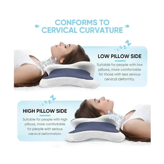 Ergonomic cervical memory foam pillow with low and high pillow sides, designed to provide support for different neck shapes.