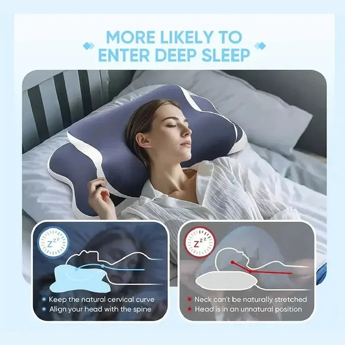Woman sleeping comfortably on an ergonomic cervical memory foam pillow, promoting deep sleep and neck support.