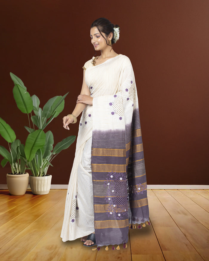 Eri Silk Saree White Hand Cutwork running blouse-Indiehaat