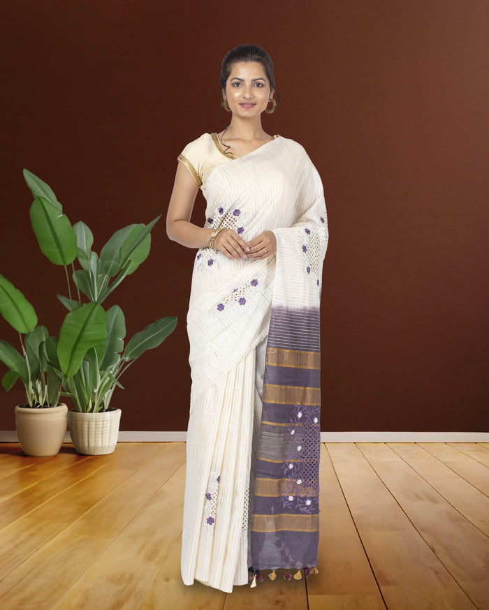 Eri Silk Saree White Hand Cutwork running blouse-Indiehaat