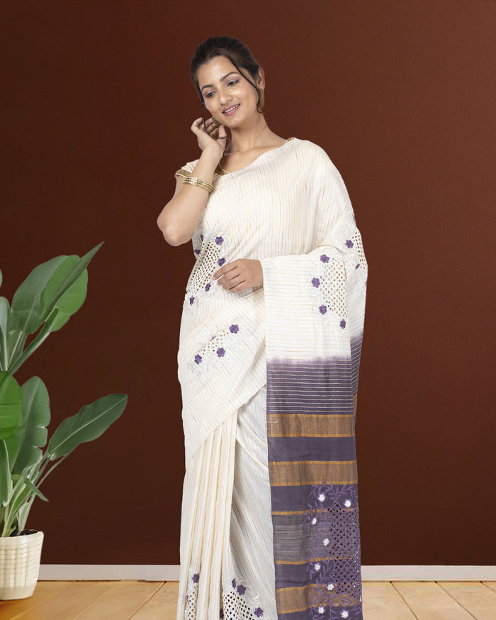 Eri Silk Saree White Hand Cutwork running blouse-Indiehaat