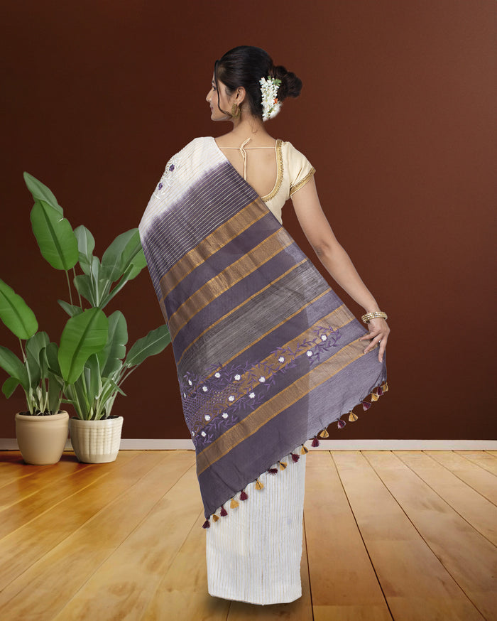 Eri Silk Saree White Hand Cutwork running blouse-Indiehaat