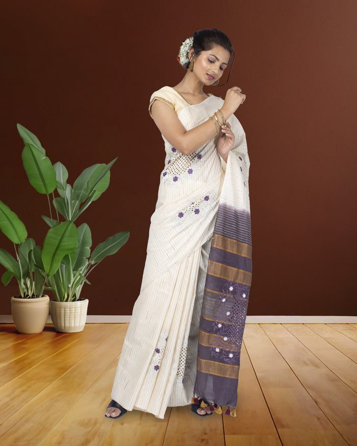 Eri Silk Saree White Hand Cutwork running blouse-Indiehaat
