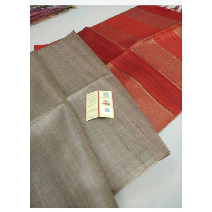 Eri Silk with Gichcha Tussar Stripes Hand Dyed Biege Saree with Blouse-Indiehaat