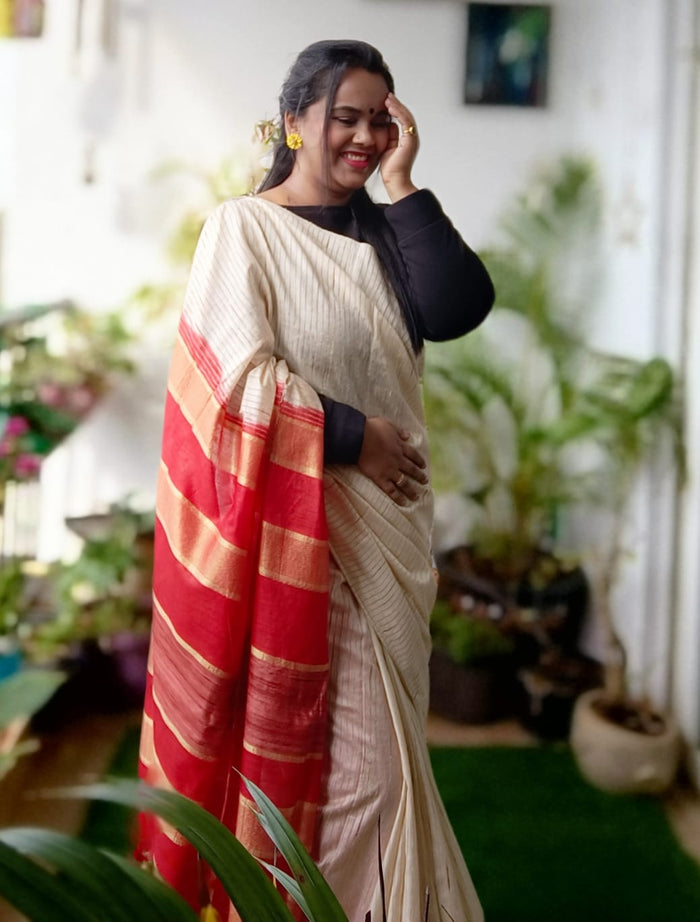 Eri Silk with Gichcha Tussar Stripes Hand Dyed Biege Saree with Blouse-Indiehaat