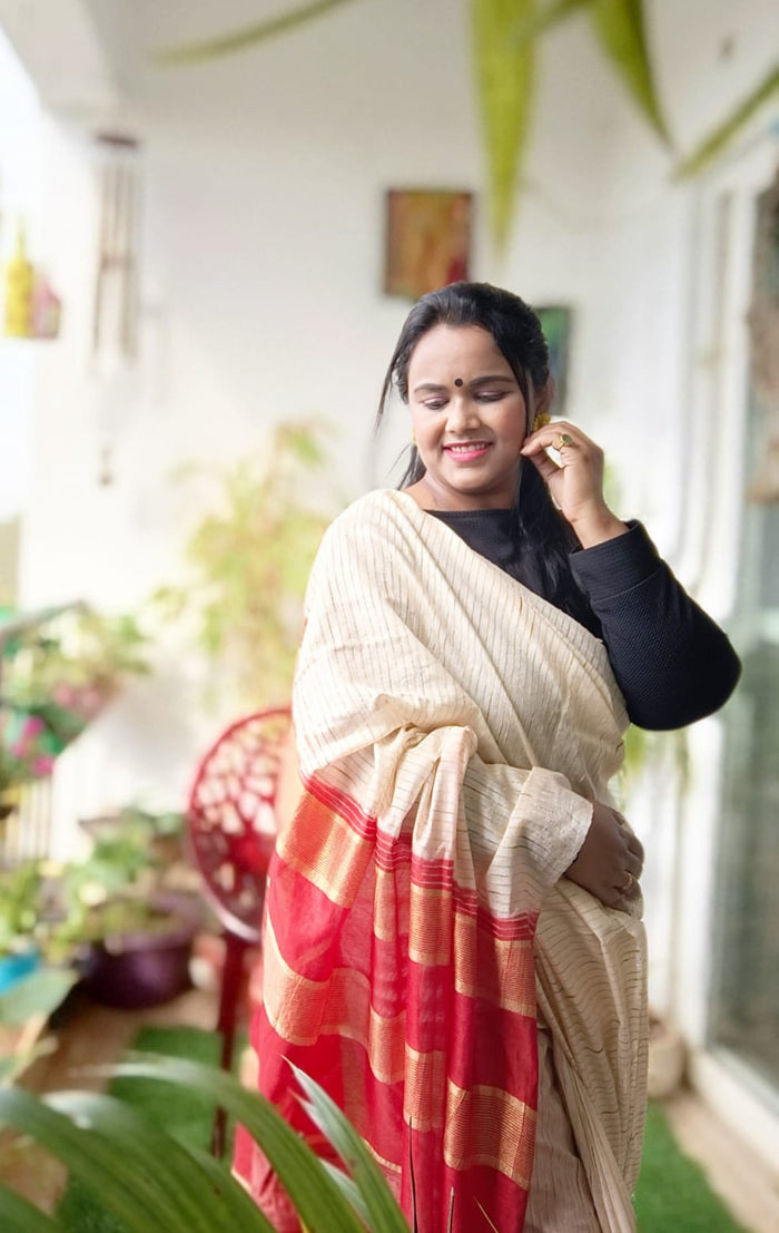 Eri Silk with Gichcha Tussar Stripes Hand Dyed Biege Saree with Blouse-Indiehaat
