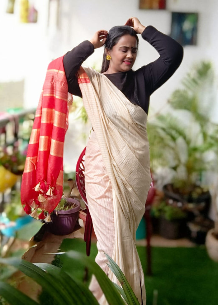 Eri Silk with Gichcha Tussar Stripes Hand Dyed Biege Saree with Blouse-Indiehaat