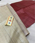 Eri Silk Tussar Striped Saree Beige & Maroon Classic-Indiehaat