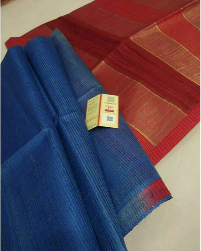 Eri Silk Tussar Striped Saree â€“ Blue & Red â€“ Party Wear â€“ Indiehaat