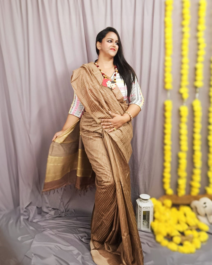Silkmark Eri Silk Tussar Striped Saree â€“ Brown â€“ Timeless â€“ Indiehaat