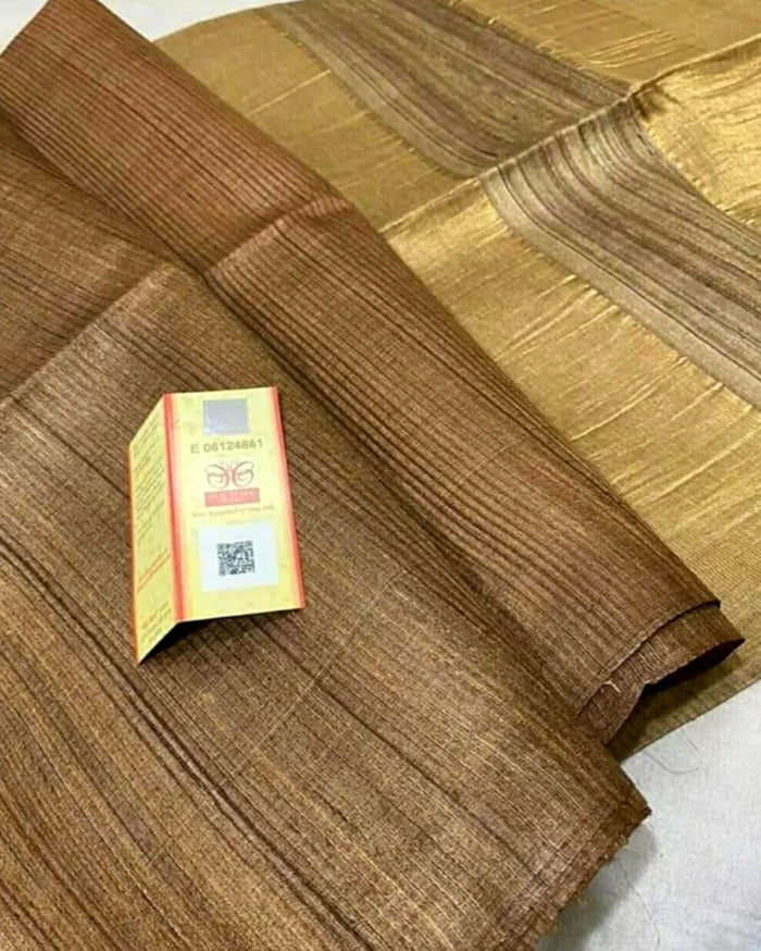 Silkmark Eri Silk Tussar Striped Saree â€“ Brown â€“ Timeless â€“ Indiehaat
