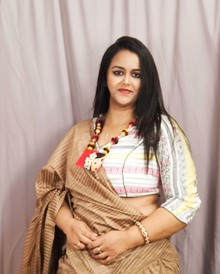 Silkmark Eri Silk Tussar Striped Saree â€“ Brown â€“ Timeless â€“ Indiehaat