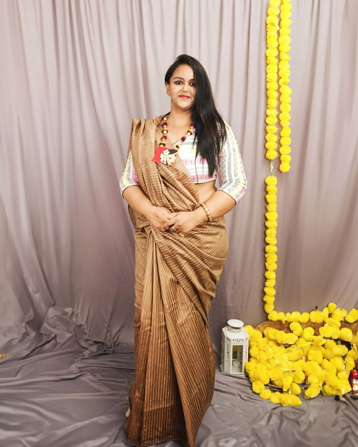 Silkmark Eri Silk Tussar Striped Saree â€“ Brown â€“ Timeless â€“ Indiehaat