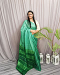 Eri Silk Tussar Striped Saree â€“ Green â€“ Elegant â€“ Indiehaat