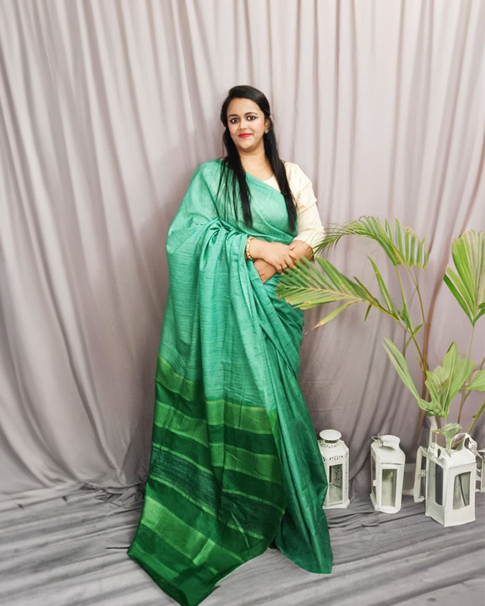 Eri Silk Tussar Striped Saree â€“ Green â€“ Elegant â€“ Indiehaat