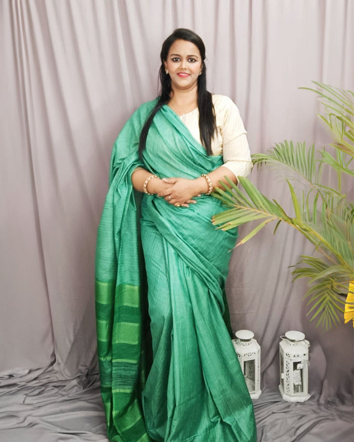 Silkmark Eri Silk Tussar Striped Saree â€“ Green â€“ Elegant â€“ Indiehaat