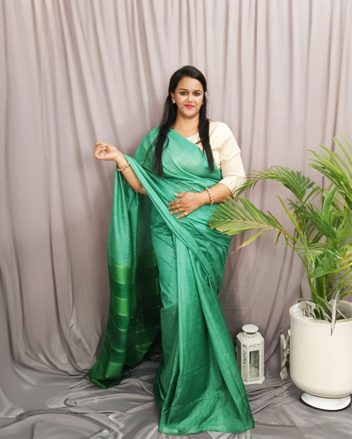 Silkmark Eri Silk Tussar Striped Saree â€“ Green â€“ Elegant â€“ Indiehaat