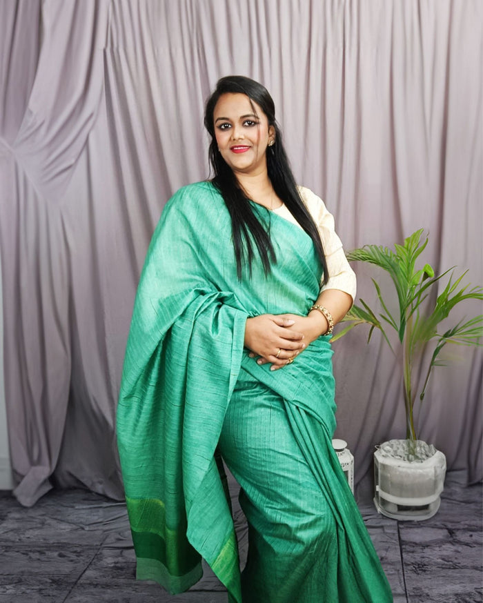 Silkmark Eri Silk Tussar Striped Saree â€“ Green â€“ Elegant â€“ Indiehaat