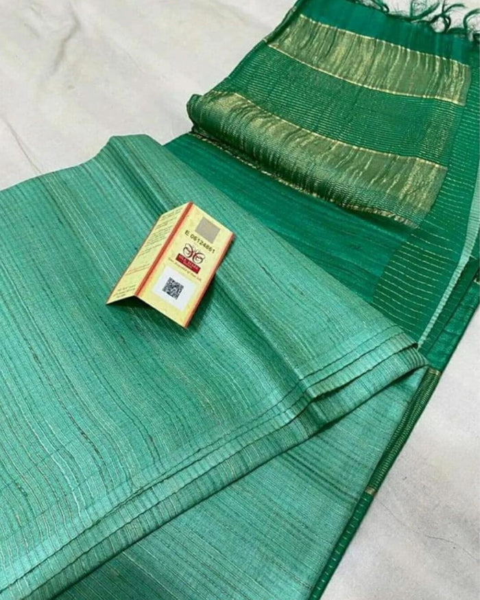 Silkmark Eri Silk Tussar Striped Saree â€“ Green â€“ Elegant â€“ Indiehaat