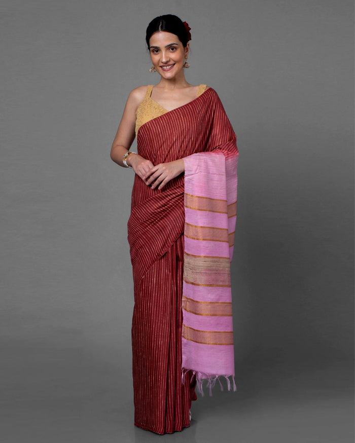 Silkmark Eri Silk Tussar Striped Saree â€“ Maroon & Beige â€“ Traditional â€“ Indiehaat