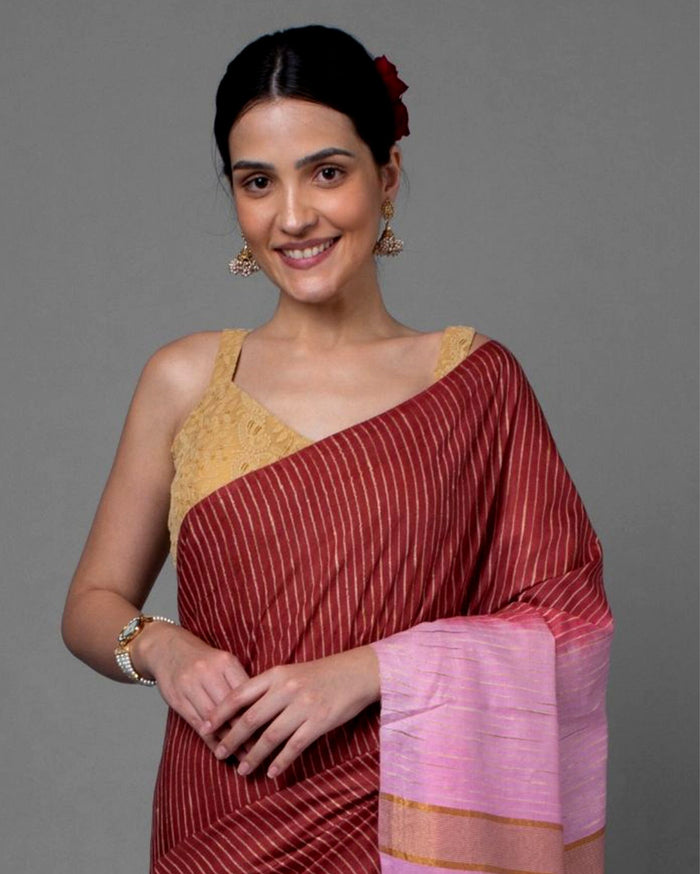 Silkmark Eri Silk Tussar Striped Saree â€“ Maroon & Beige â€“ Traditional â€“ Indiehaat