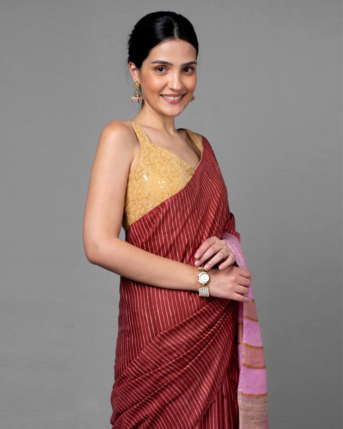 Silkmark Eri Silk Tussar Striped Saree â€“ Maroon & Beige â€“ Traditional â€“ Indiehaat