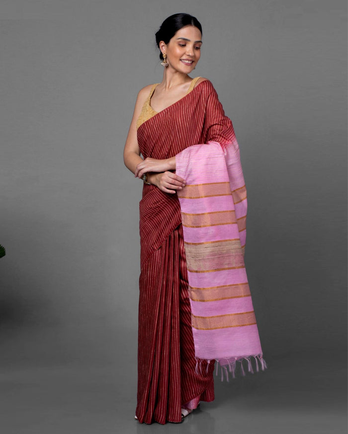 Silkmark Eri Silk Tussar Striped Saree â€“ Maroon & Beige â€“ Traditional â€“ Indiehaat