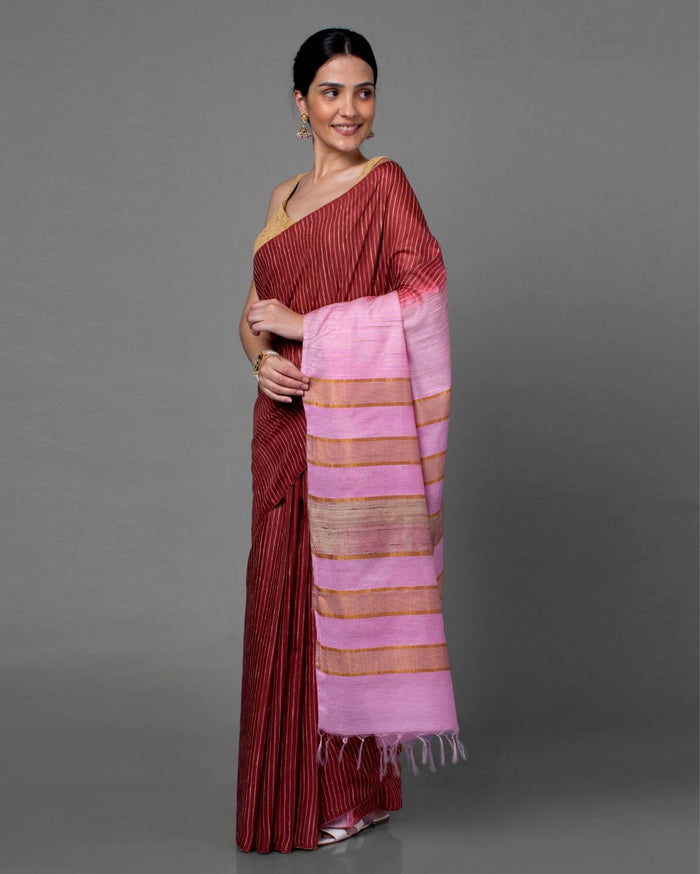 Silkmark Eri Silk Tussar Striped Saree â€“ Maroon & Beige â€“ Traditional â€“ Indiehaat
