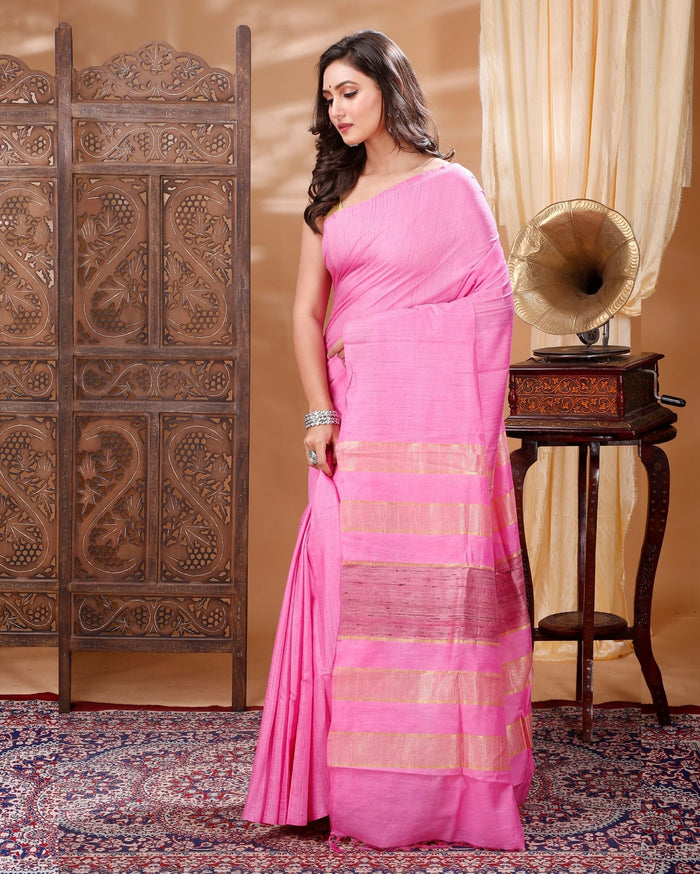 Eri Silk Tussar Striped Saree â€“ Pink â€“ Festive â€“ Indiehaat