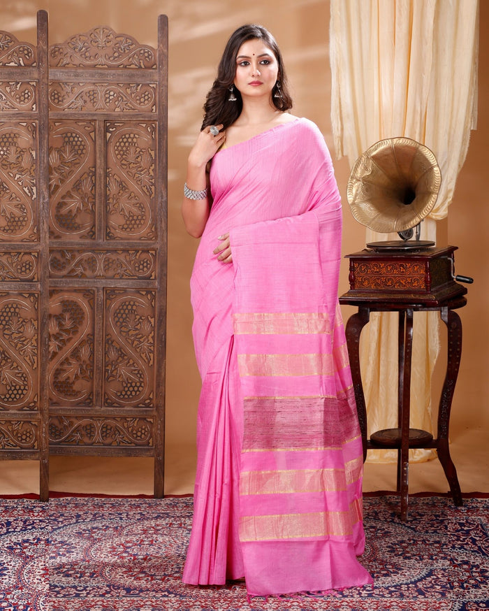 Silkmark Eri Silk Tussar Striped Saree â€“ Pink â€“ Festive â€“ Indiehaat
