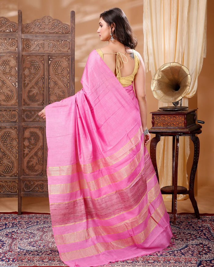 Silkmark Eri Silk Tussar Striped Saree â€“ Pink â€“ Festive â€“ Indiehaat