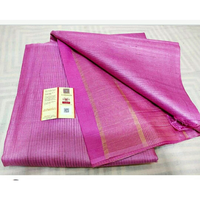 Eri Silk with Gichcha Tussar Stripes Hand Dyed pink Saree with Blouse-Indiehaat