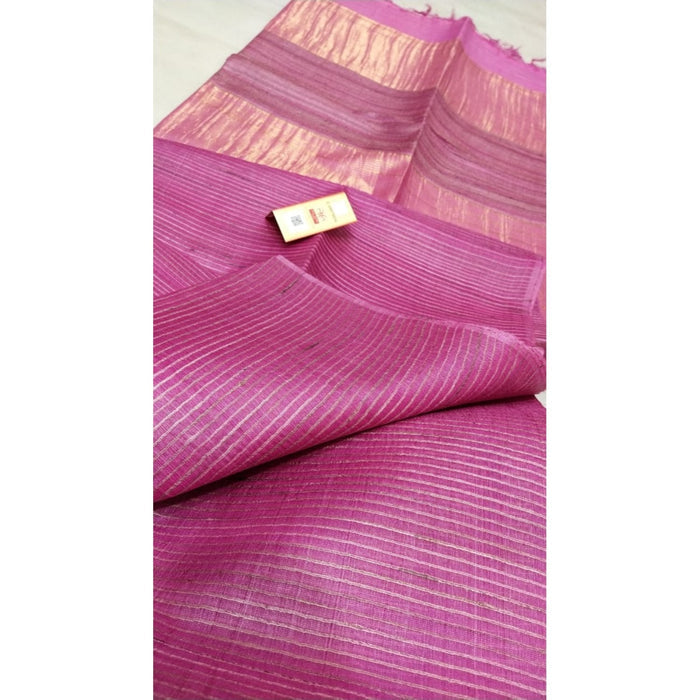 Eri Silk with Gichcha Tussar Stripes Hand Dyed pink Saree with Blouse-Indiehaat