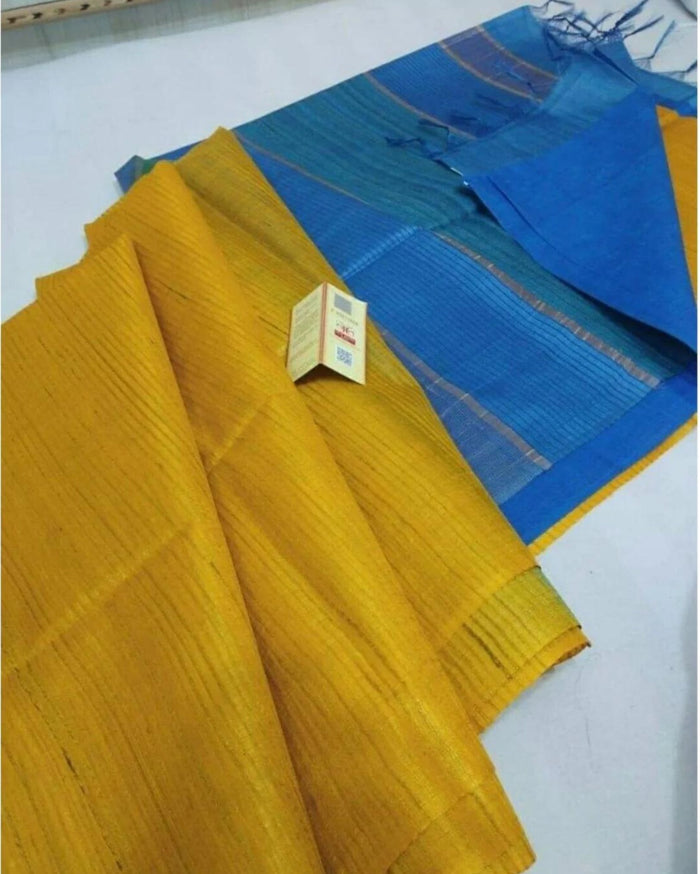 Eri Silk Tussar Striped Saree â€“ Yellow & Blue â€“ Vibrant â€“ Indiehaat