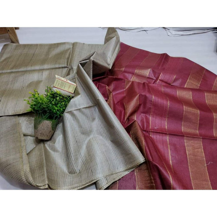 Eri Tussar Striped Biege Body Saree with Maroon Pallu-Indiehaat
