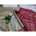 Eri Tussar Striped Biege Body Saree with Maroon Pallu-Indiehaat