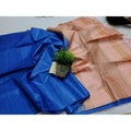 Eri Tussar Striped Blue Body Saree with Peach Pallu Blouse-Indiehaat