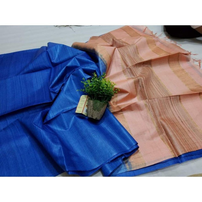 Eri Tussar Striped Blue Body Saree with Peach Pallu Blouse-Indiehaat