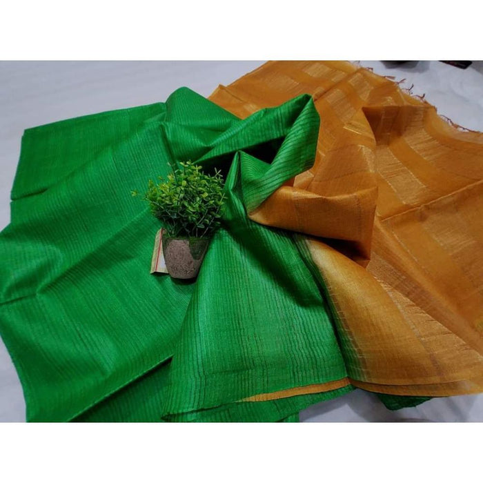 Eri Tussar Striped Green Body Saree with Mustard Pallu Blouse-Indiehaat