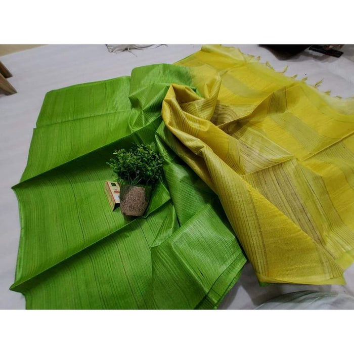 Eri Tussar Striped Green Body Saree with Yellow Pallu Blouse-Indiehaat