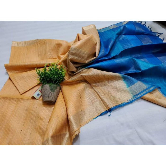 Eri Tussar Striped Body Peach Saree with Blue Pallu Blouse-Indiehaat