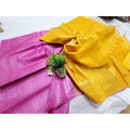 Eri Tussar Striped Pink Body Saree with Yellow Pallu Blouse-Indiehaat