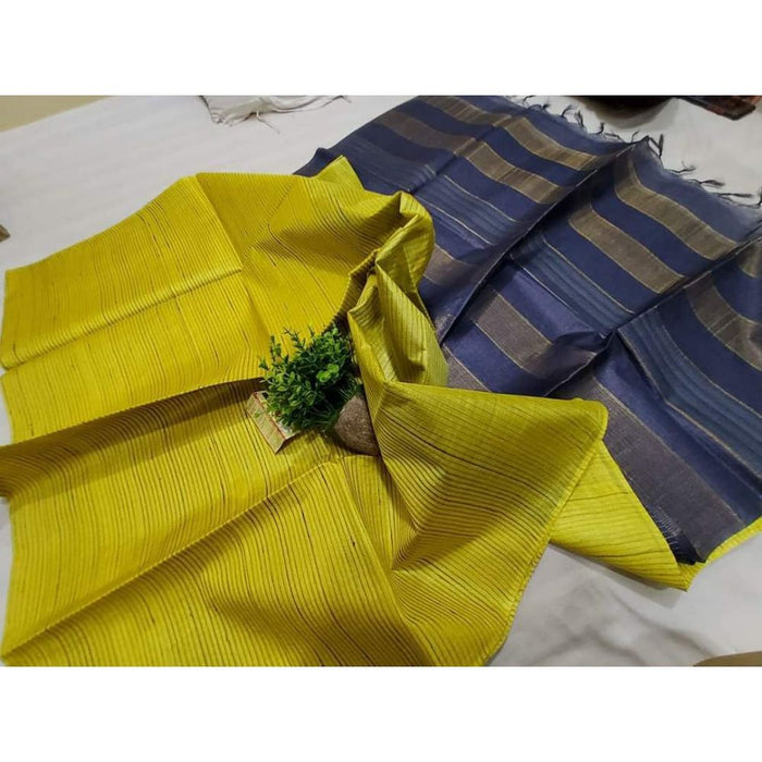 Eri Tussar Striped Yellow Body Saree with Blue Pallu Blouse-Indiehaat