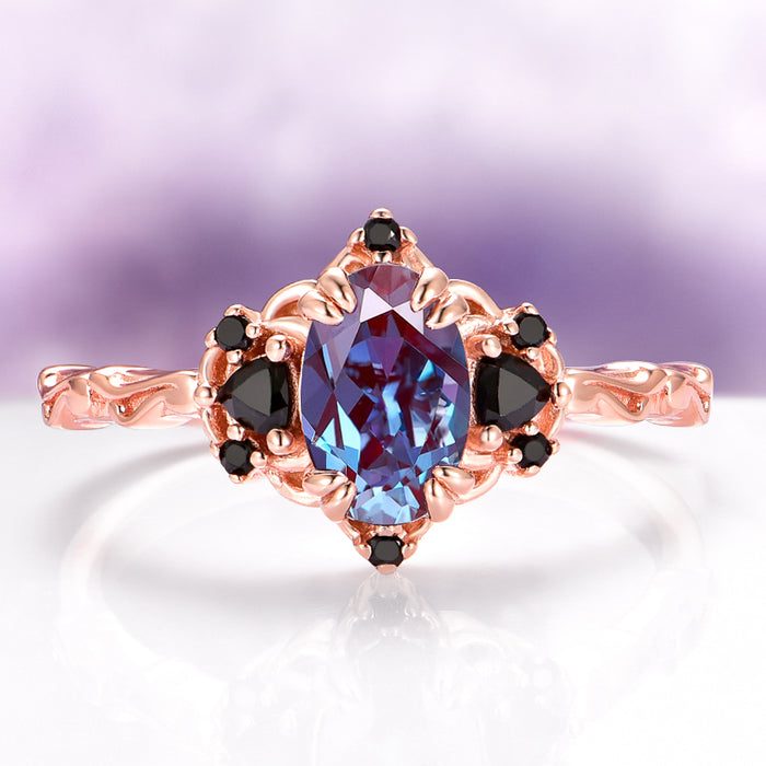 Esme Alexandrite & Black Onyx Engagement Ring in 14K Rose Gold Vermeil by Aquamarise featuring a central color-changing alexandrite gemstone flanked by black onyx accents on an intricately designed rose gold vermeil band, part of Rose Gold Vermeil Rings, June Birthstone Jewelry, and Fantasy-Inspired Engagement Rings collections.