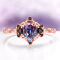 Esme Alexandrite & Black Onyx Engagement Ring in 14K Rose Gold Vermeil by Aquamarise featuring a central color-changing alexandrite gemstone flanked by black onyx accents on an intricately designed rose gold vermeil band, part of Rose Gold Vermeil Rings, June Birthstone Jewelry, and Fantasy-Inspired Engagement Rings collections.